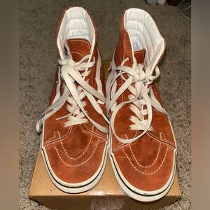 Velvet/canvas orangey red high top vans
